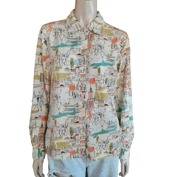 VINTAGE 90s Top Size Small Dancing Stick Figures and City Print Whimsical - Picture 1 of 9